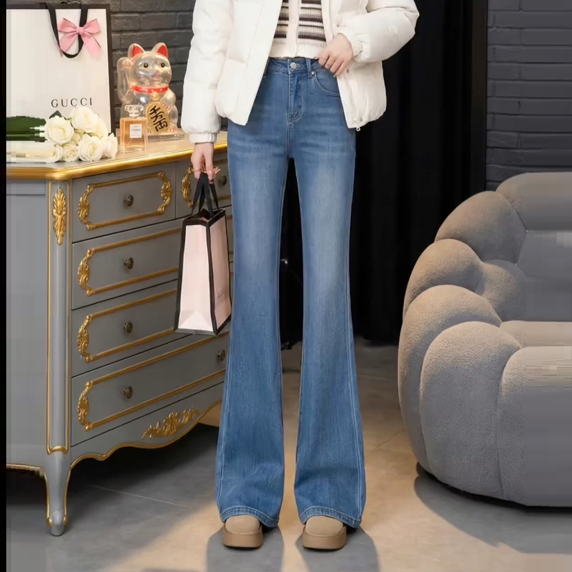 春秋新款微喇牛仔裤子女高腰弹力休闲舒适浅蓝百搭显瘦喇叭长裤