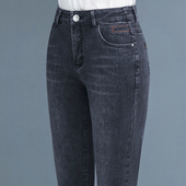 弹力高腰烟管裤 中老年妈妈直筒裤 宽松 女春秋2026新款 烟灰色牛仔裤