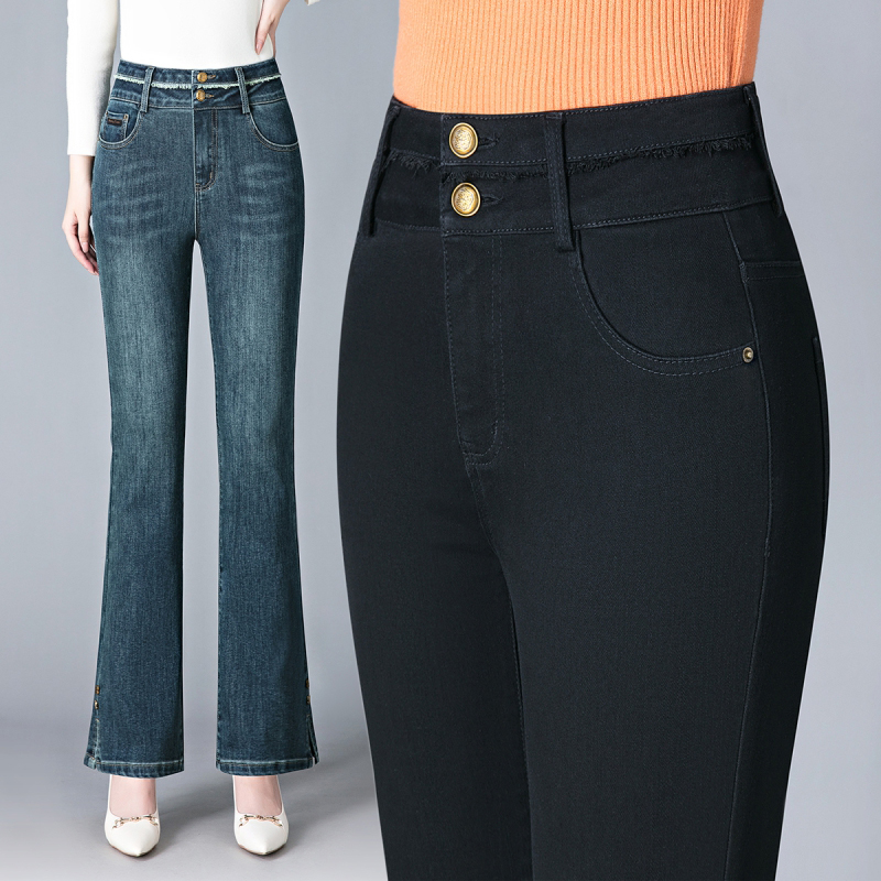 春秋开叉微喇牛仔裤子女新款高腰弹力休闲气质显瘦修身喇叭长裤