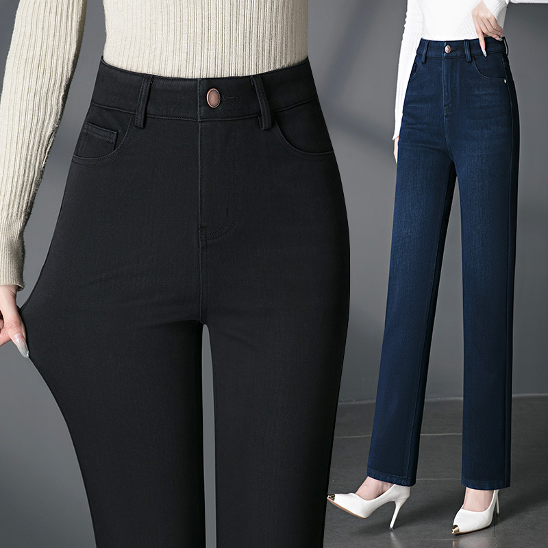 春秋直筒牛仔裤子女新款高腰弹力中老年妈妈休闲宽松显瘦大码长裤