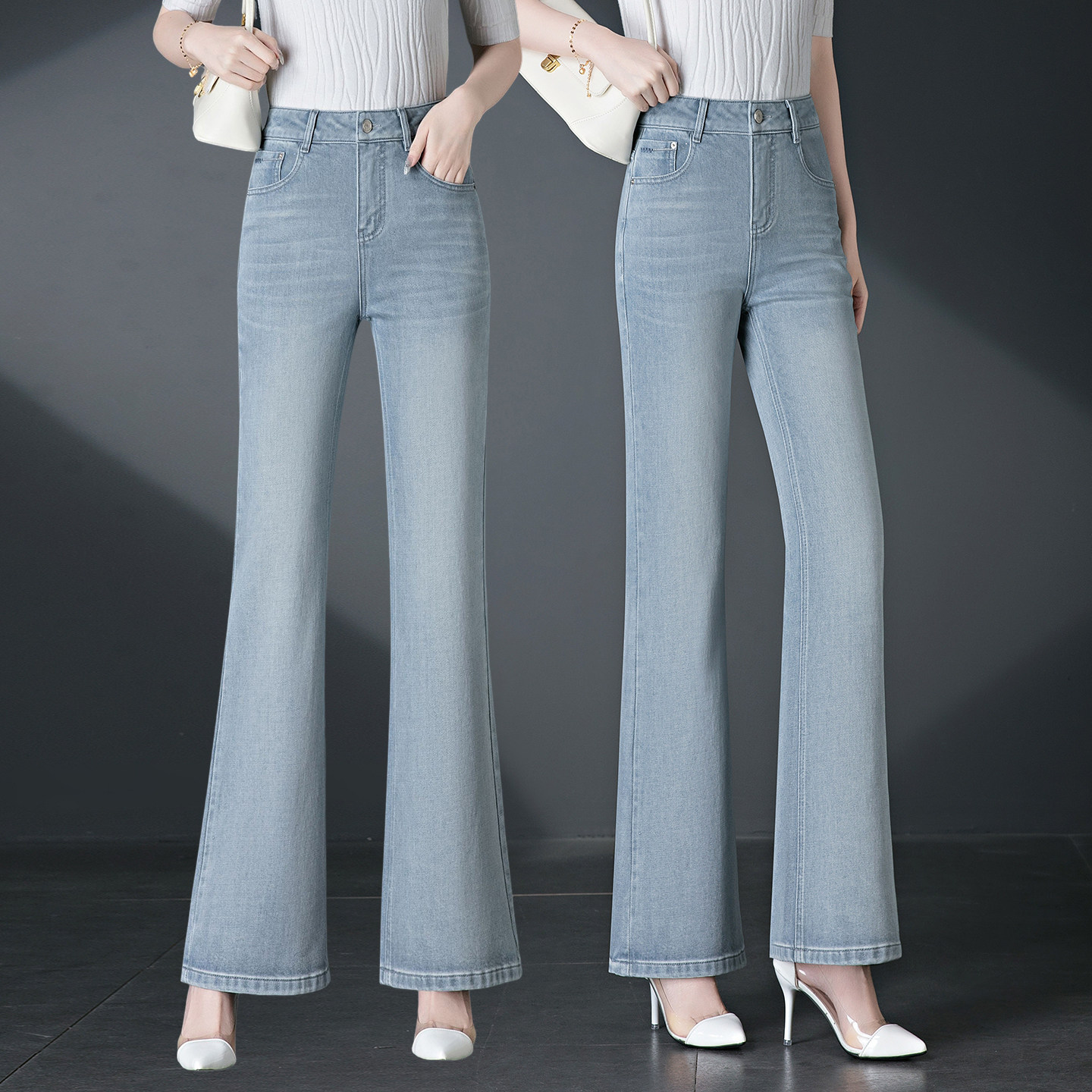 春秋微喇牛仔裤子女新款高腰弹力修身显瘦时尚灰色大码喇叭长裤