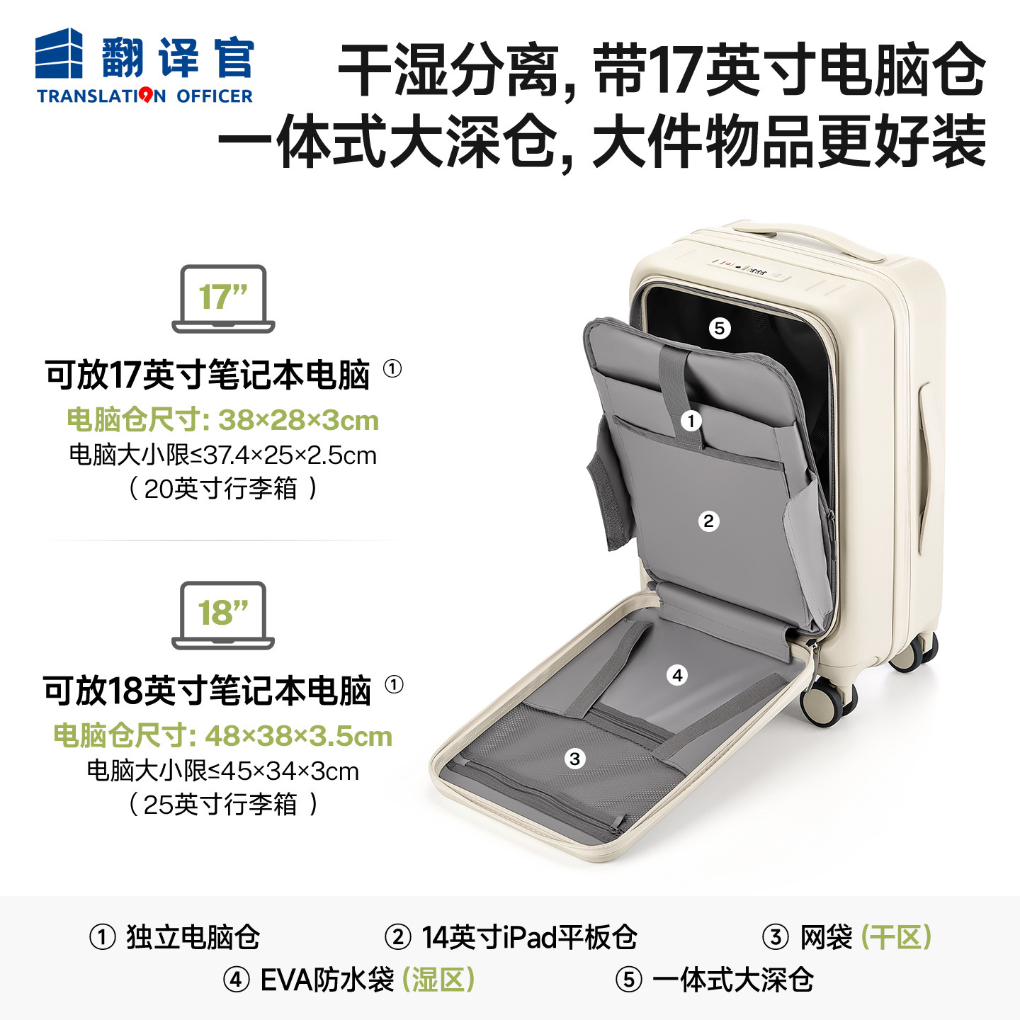 翻译官侧前置开盖小型20寸登机拉杆手提商差25旅行电笔PC扩大容箱