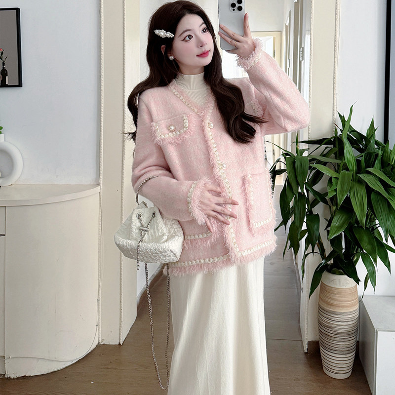 출산 가을 겨울 정장 2024 패션 새로운 작은 향기 스타일 모조 밍크 벨벳 자켓 니트 BOTTOMING 복장