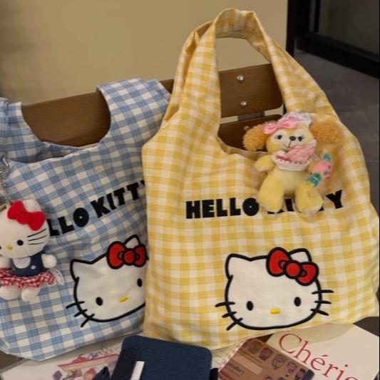 HelloKitty格子刺绣帆布包2025新款可爱休闲单肩包手提通勤百搭包
