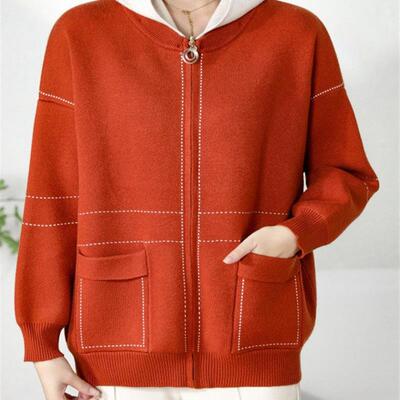 妈妈装新款洋气针织外套女春秋加厚风衣中老年气质短款连帽上衣