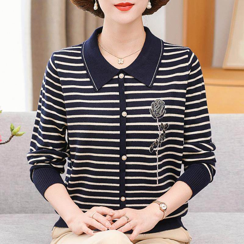 洋气妈妈秋装翻领条纹休闲T恤衫两件套中老年女秋冬薄针织打底衫
