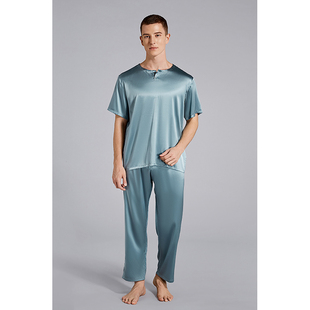 新款有机桑蚕丝男睡衣春秋短袖长裤圆领套头纯色真丝家居服套装