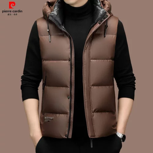 皮尔卡丹高档男士羽绒马甲秋冬休闲男装外套无袖坎肩白鸭绒羽绒服