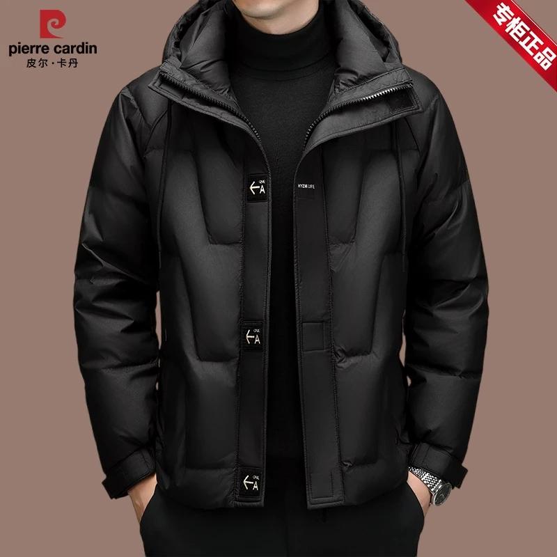 皮尔卡丹男士冬季短款加厚羽绒服潮流时尚防寒保暖白鸭绒连帽外套