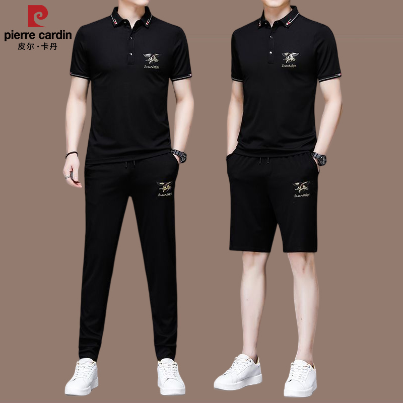 皮尔卡丹正品高档桑蚕丝男士休闲运动服套装中青年夏季薄款三件套