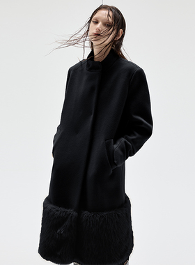 ARTBRUT可拆卸毛毛衣摆 小立领毛呢外套宽肩直筒大衣新中式