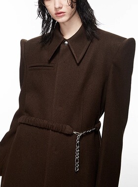 artbrut设计师毛呢外套女中长款小个子腰带收腰棕色西装呢子大衣