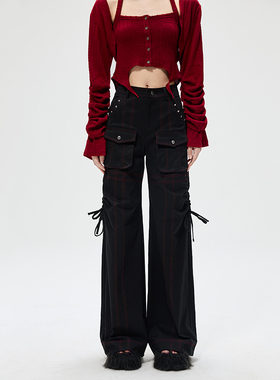 ARTBRUT黑色美式工装裤女复古潮阔腿裤子高腰显瘦垂感直筒休闲裤