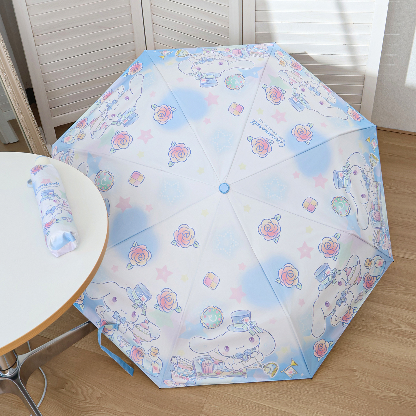 玉桂狗三折叠安全自动雨伞晴雨两用遮阳卡通印花大耳狗折叠太阳伞