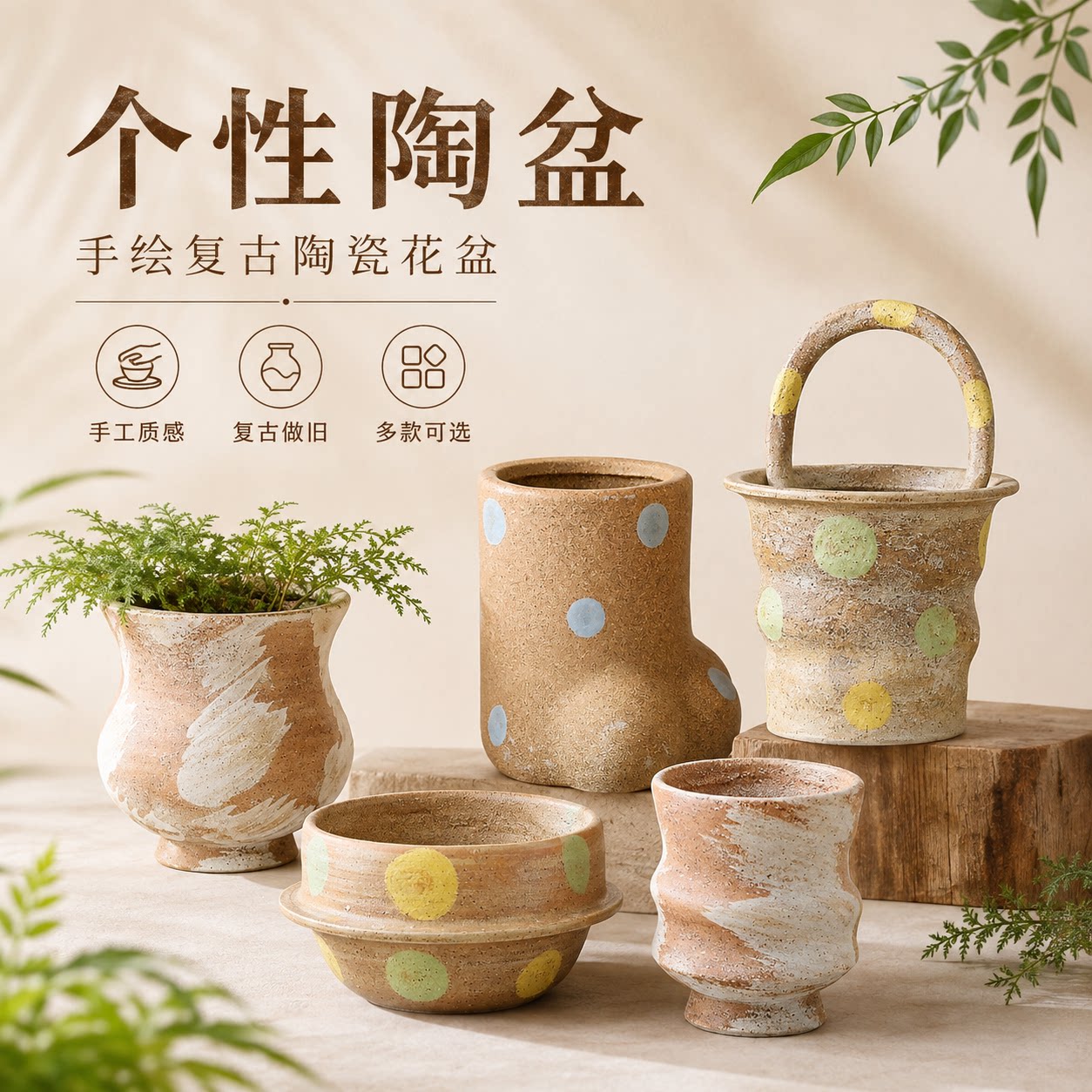 【王先森 精选陶盆】个性陶盆提篮彩色波点陶瓷复古花盆手绘手捏