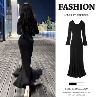 黑色针织步步生莲鱼尾连衣裙女秋季修身御姐内搭包臀长裙子穿搭