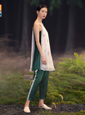 皇锦真丝印花雪纺女士睡衣吊带背心睡裙-竹韵HJ21457