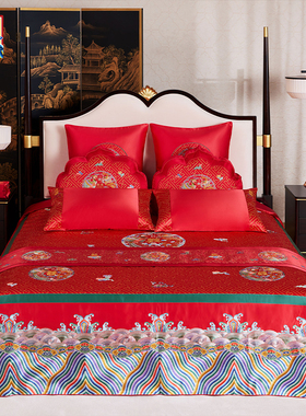 皇锦重工手绣加棉床盖三件套床品-龙凤和合HJ11326