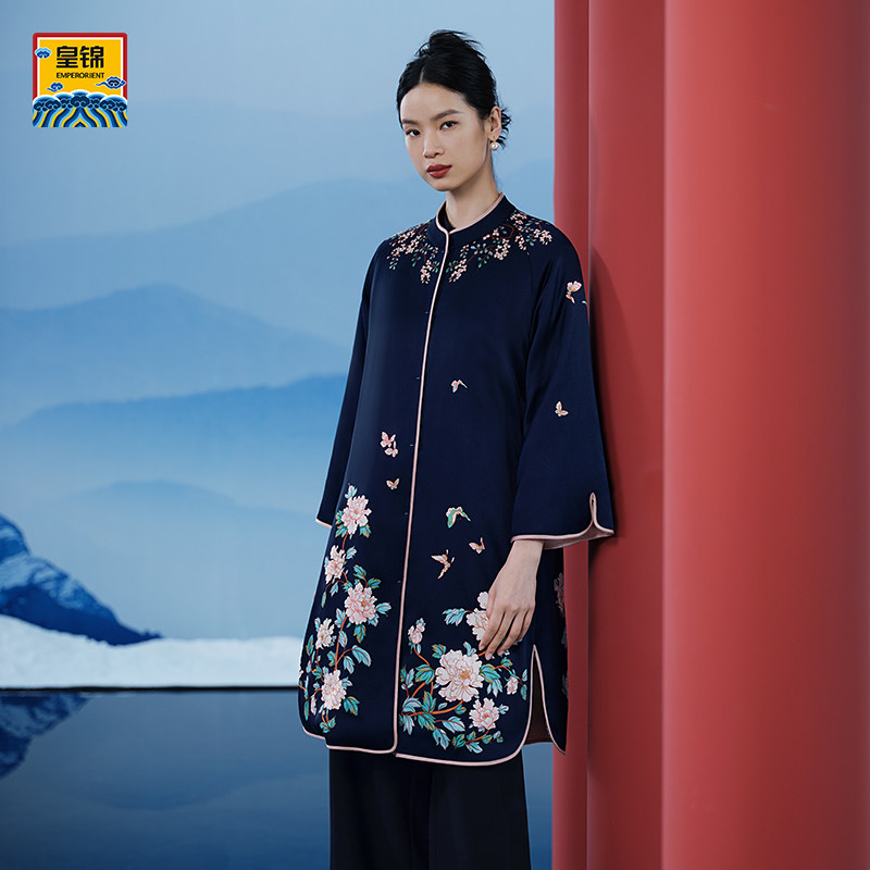【皇锦】真丝印花蚕丝填充中式开襟长袖厚款棉袍-藤蔓牡丹HJ21471