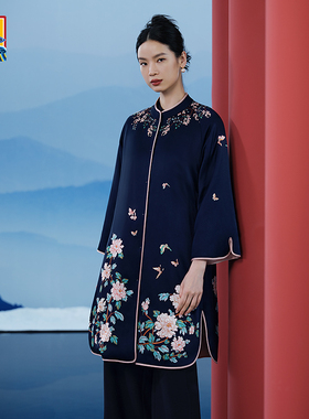 【皇锦】真丝印花蚕丝填充中式开襟长袖厚款棉袍-藤蔓牡丹HJ21471