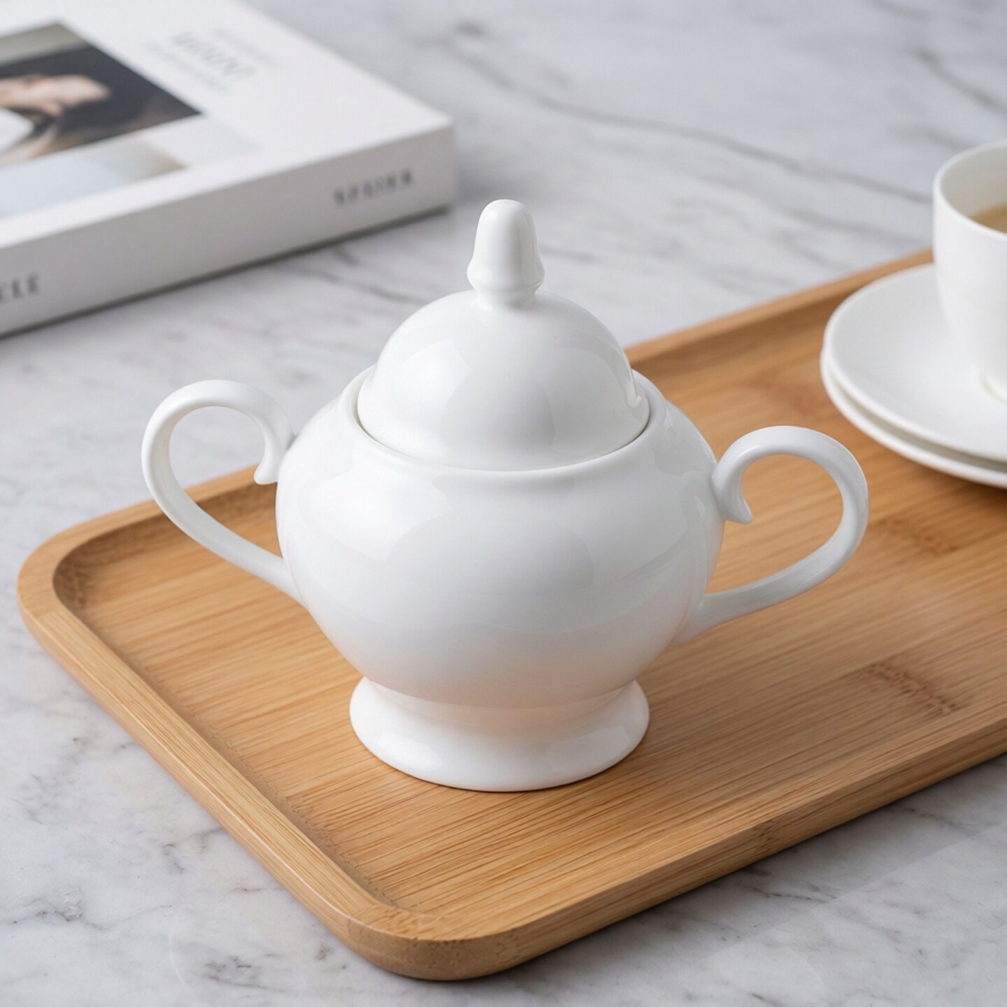 简约风骨瓷糖缸白色带盖双耳咖啡用方糖糖罐欧式古典纯白单品