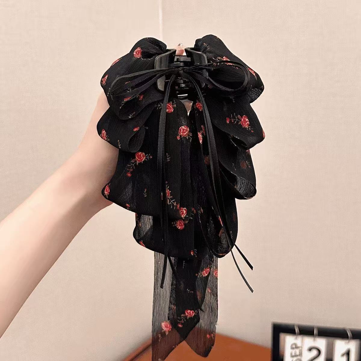4色可选碎花飘带头发抓夹超仙