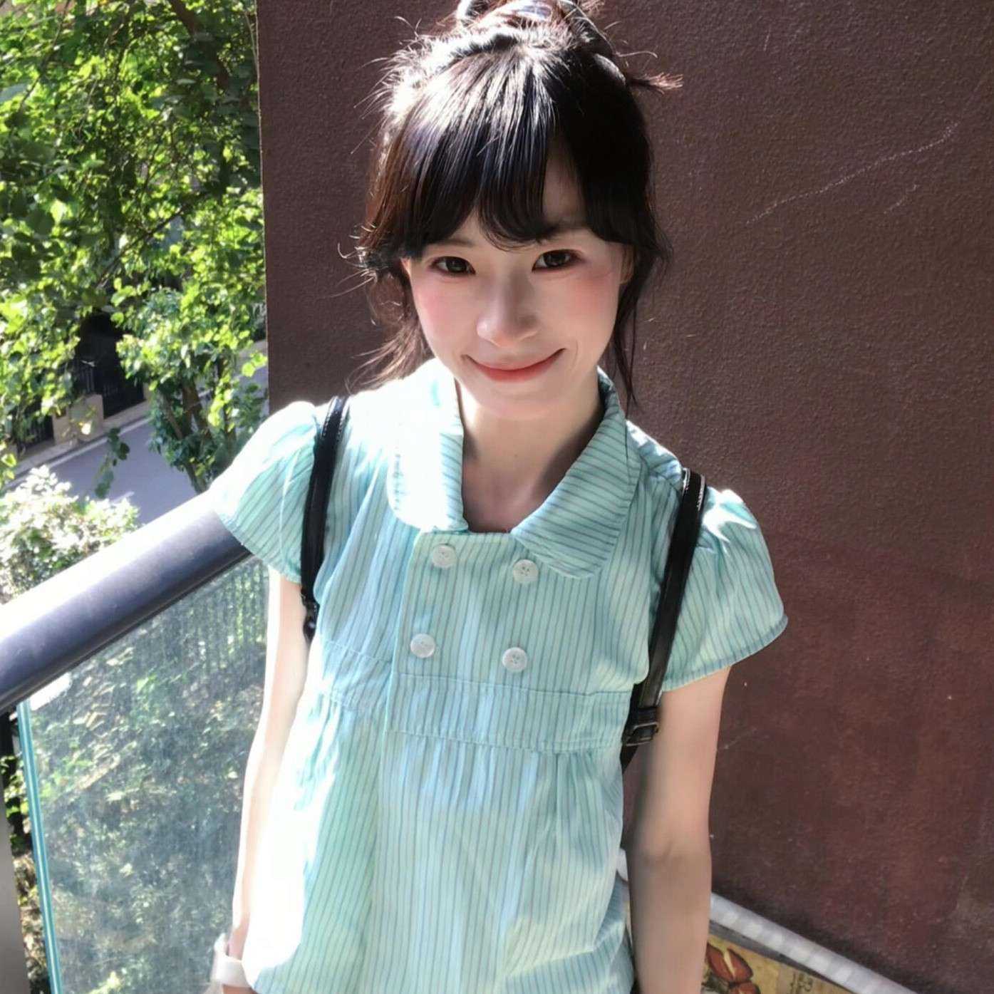 甜美风娃娃领条纹短袖衬衫女夏