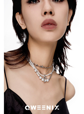 QWEENIX 珍珠多层十字架铆钉潮流项链小众设计男女百搭嘻哈