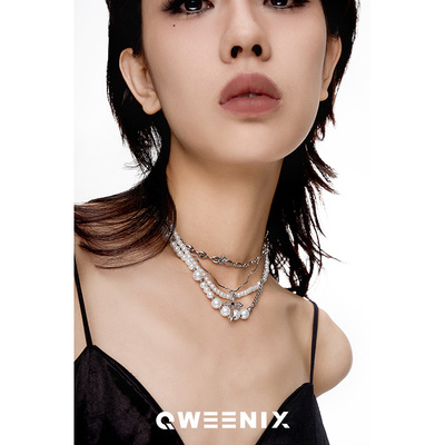 QWEENIX 珍珠多层十字架铆钉潮流项链小众设计男女百搭嘻哈