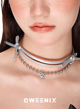 QWEENIX 甜酷风小众款高级质感灰色蝴蝶结水滴吊坠链高级感项链女