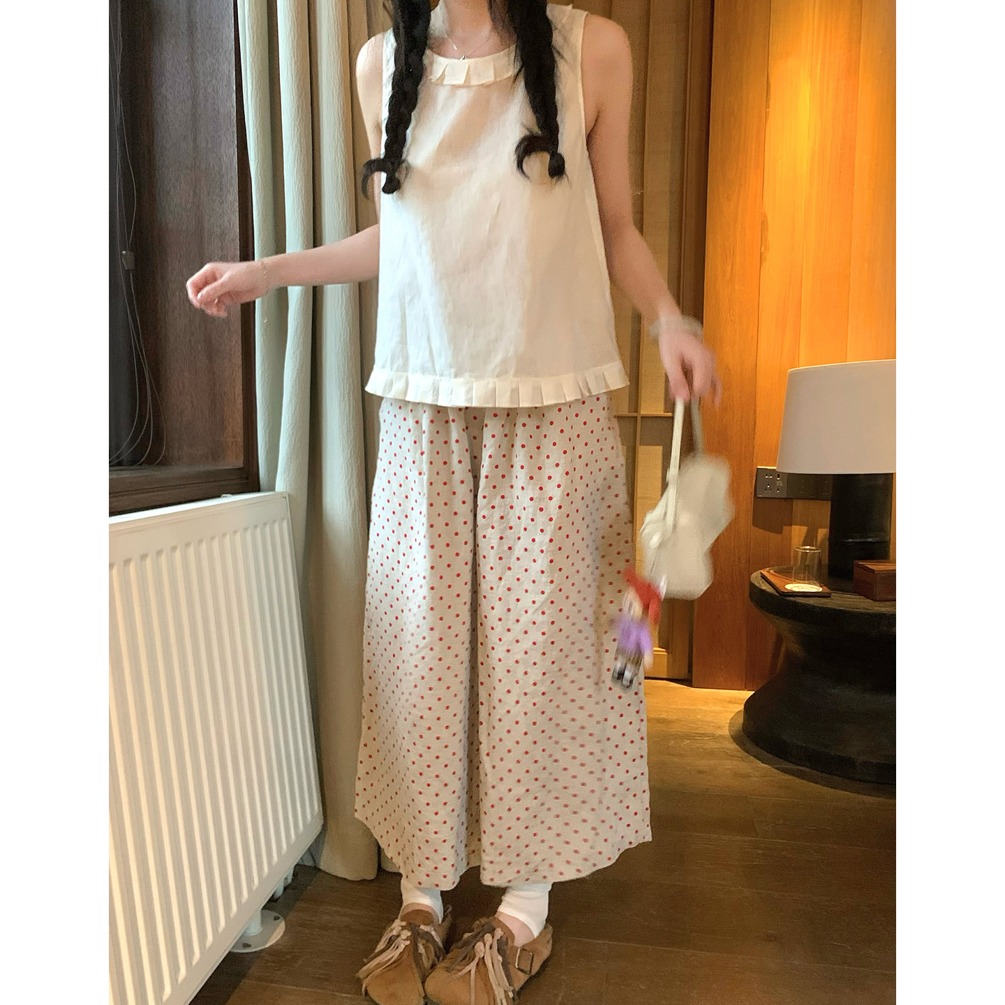 张爆爆 红色波点亚麻九分裤 小休闲裤