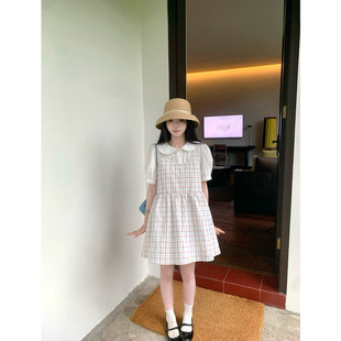 张爆爆 浅色格纹花边背心裙甜美减龄背带裙小个子格子背心连衣裙