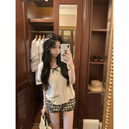 张爆爆 莱赛尔亚麻蝴蝶结针织衫女夏薄款镂空显瘦短袖上衣