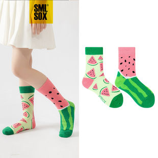 薯条水果图案鸳鸯西瓜儿童袜子女童男童日系原宿中筒袜不对称AB版