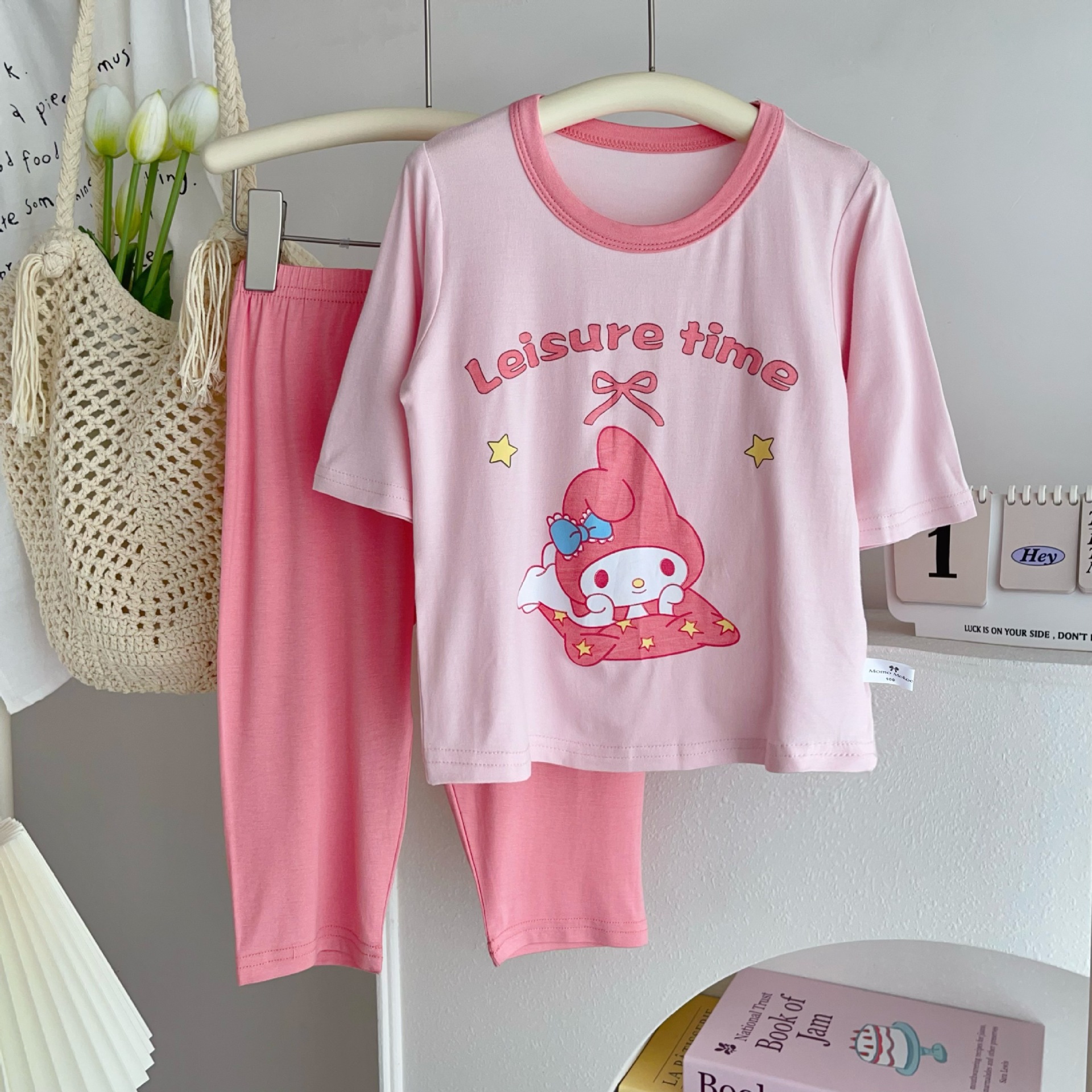 宝宝粉色美乐蒂七分袖睡衣公主小童短袖T恤儿童莫代尔家居服套装