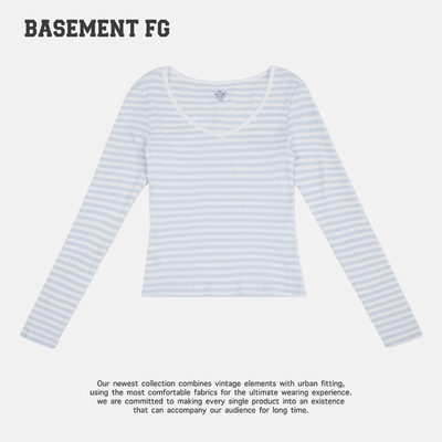 BASEMENTFG条纹长袖T恤女修身显瘦V领百搭针织上衣261030012041