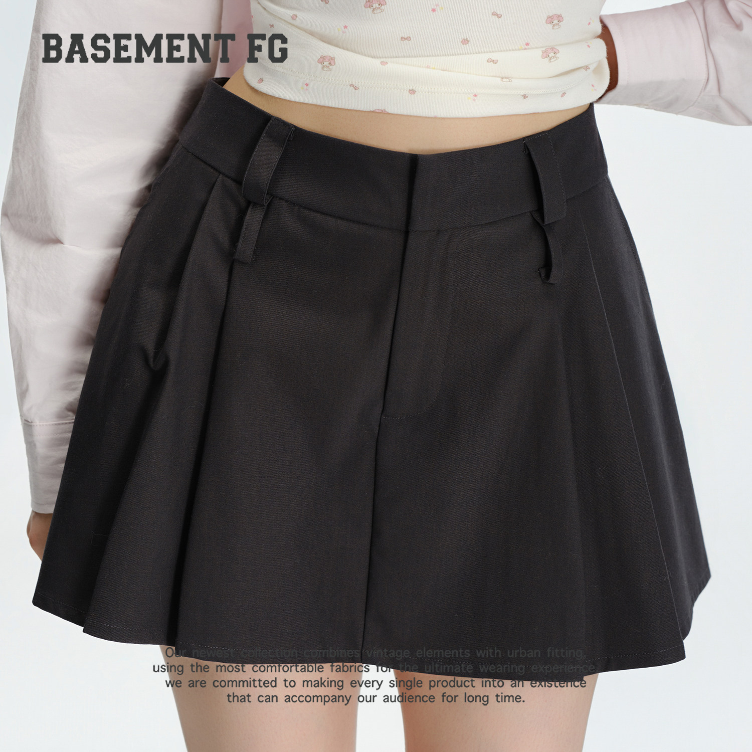 BASEMENTFG美式复古学院风百褶短裙女百搭A字半身裙252150229022