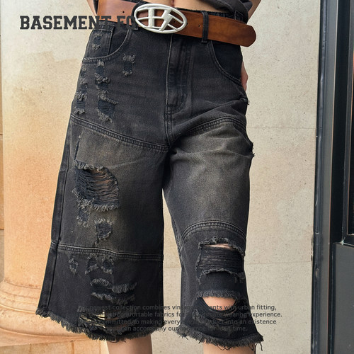 BASEMENTFG美式复古风破洞牛仔女夏季街头七分裤267320001001