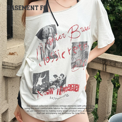 BASEMENTFG美式复古做旧印花短袖T恤女露肩宽松上衣261020401005