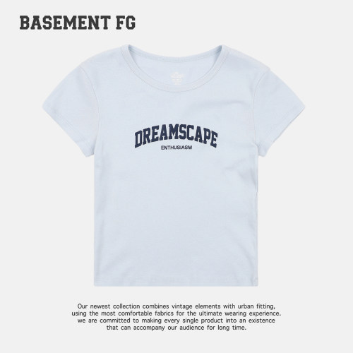 BASEMENTFG美式复古圆领短袖T恤女蓝色字母印花修身261020207028