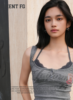 BASEMENTFG辣妹风条纹背心吊带女夏修身纽扣灰色上衣261010357116
