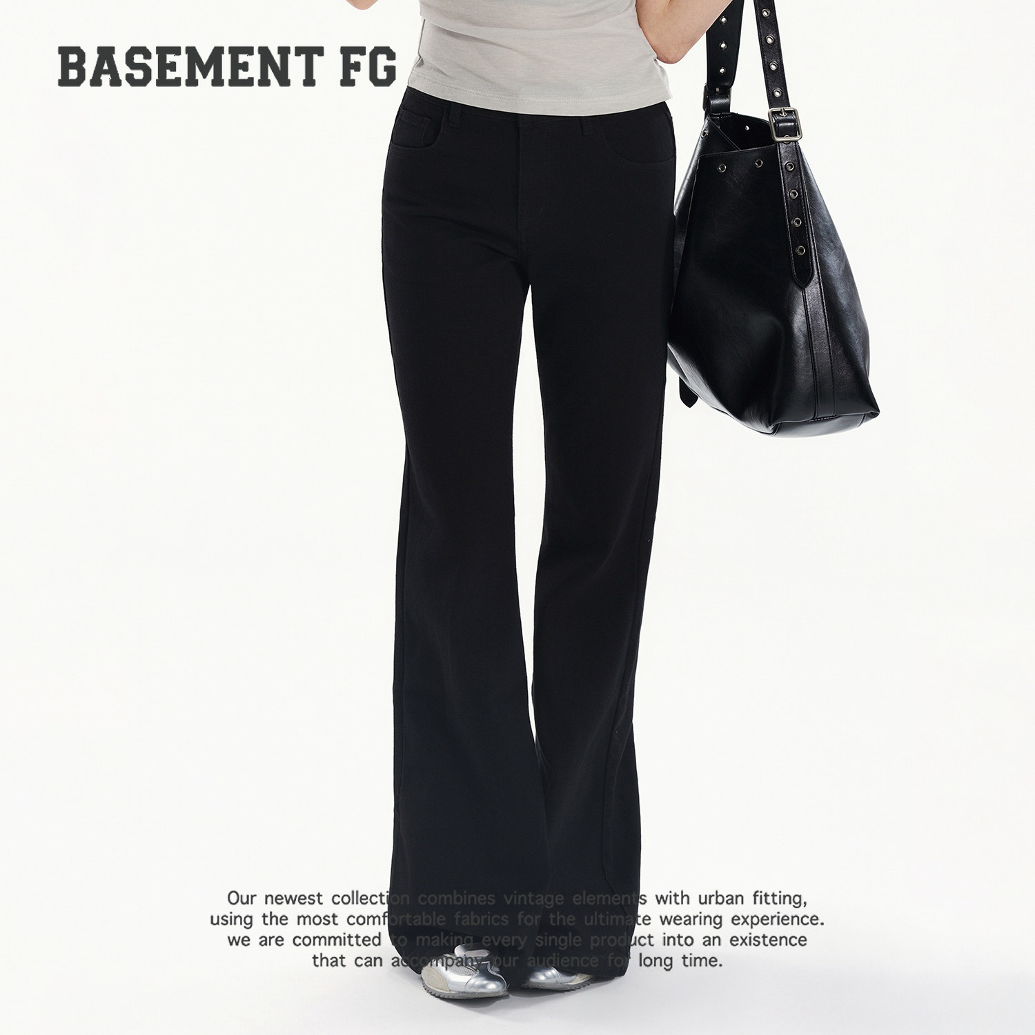 BASEMENTFG黑色高腰微喇休闲裤女修身显瘦百搭长裤267330078001