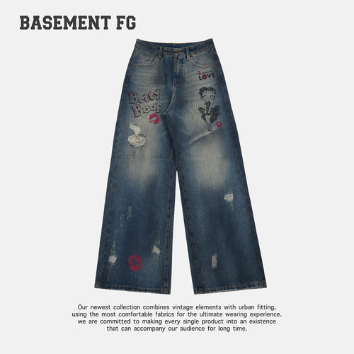 BASEMENTFG复古印花牛仔裤女设计感美式高街风长裤257330274072