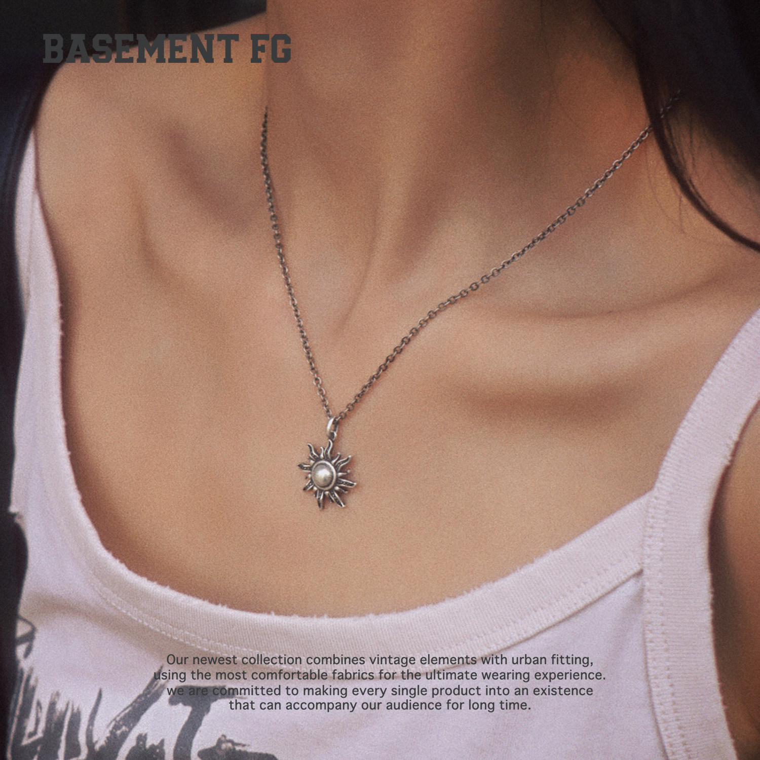 BASEMENTFG复古太阳花吊坠项链银色金属链个性设计感254200029097图片