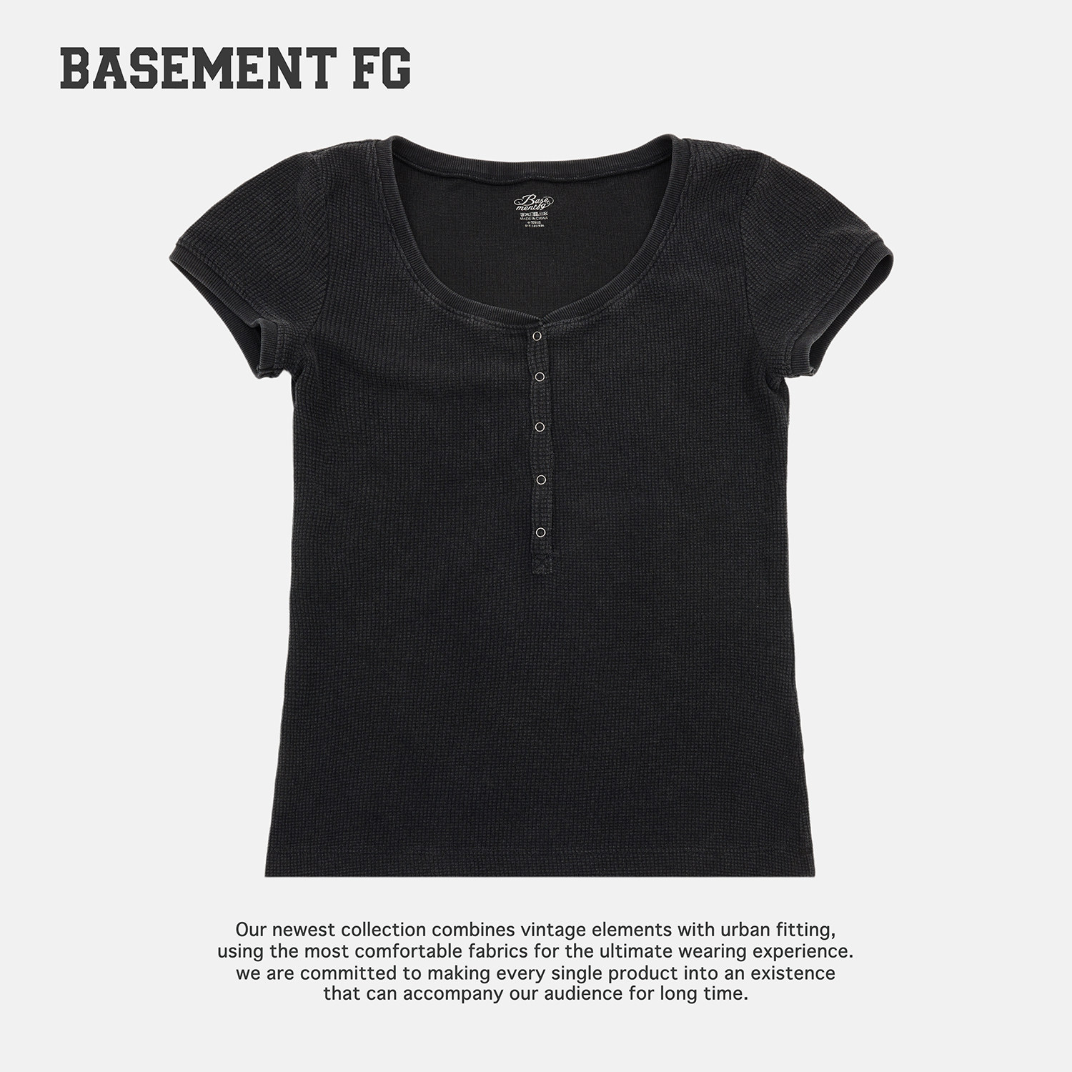 BASEMENTFG短袖T恤女螺纹圆领纽扣设计简约百搭上衣261020036