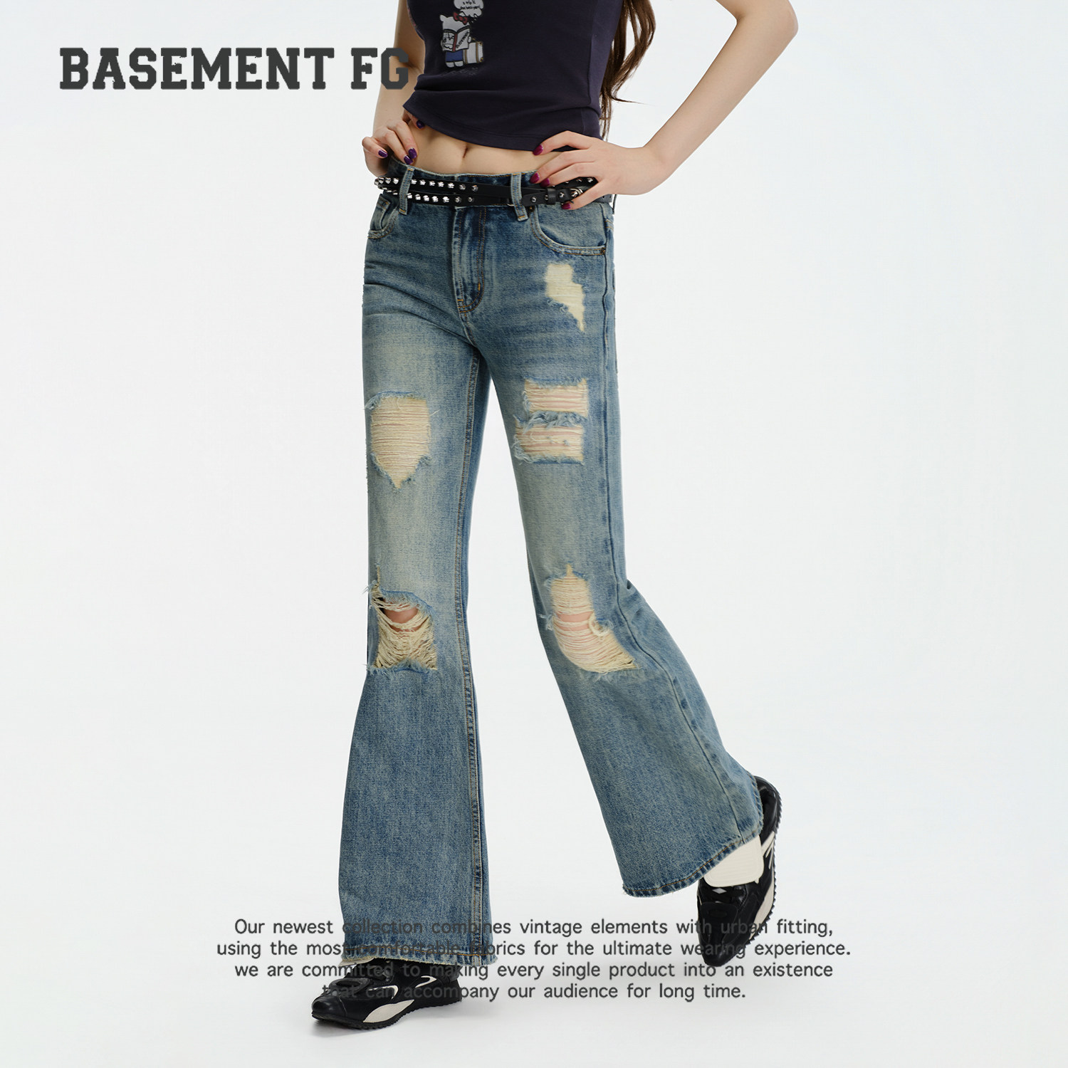 BASEMENTFG美式复古风破洞微喇牛仔裤女高腰修身267330005072
