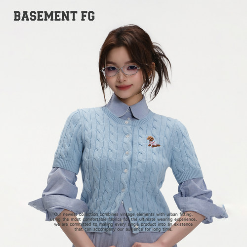 BASEMENTFG复古风麻花纹针织开衫圆领毛织短袖T恤263020019028