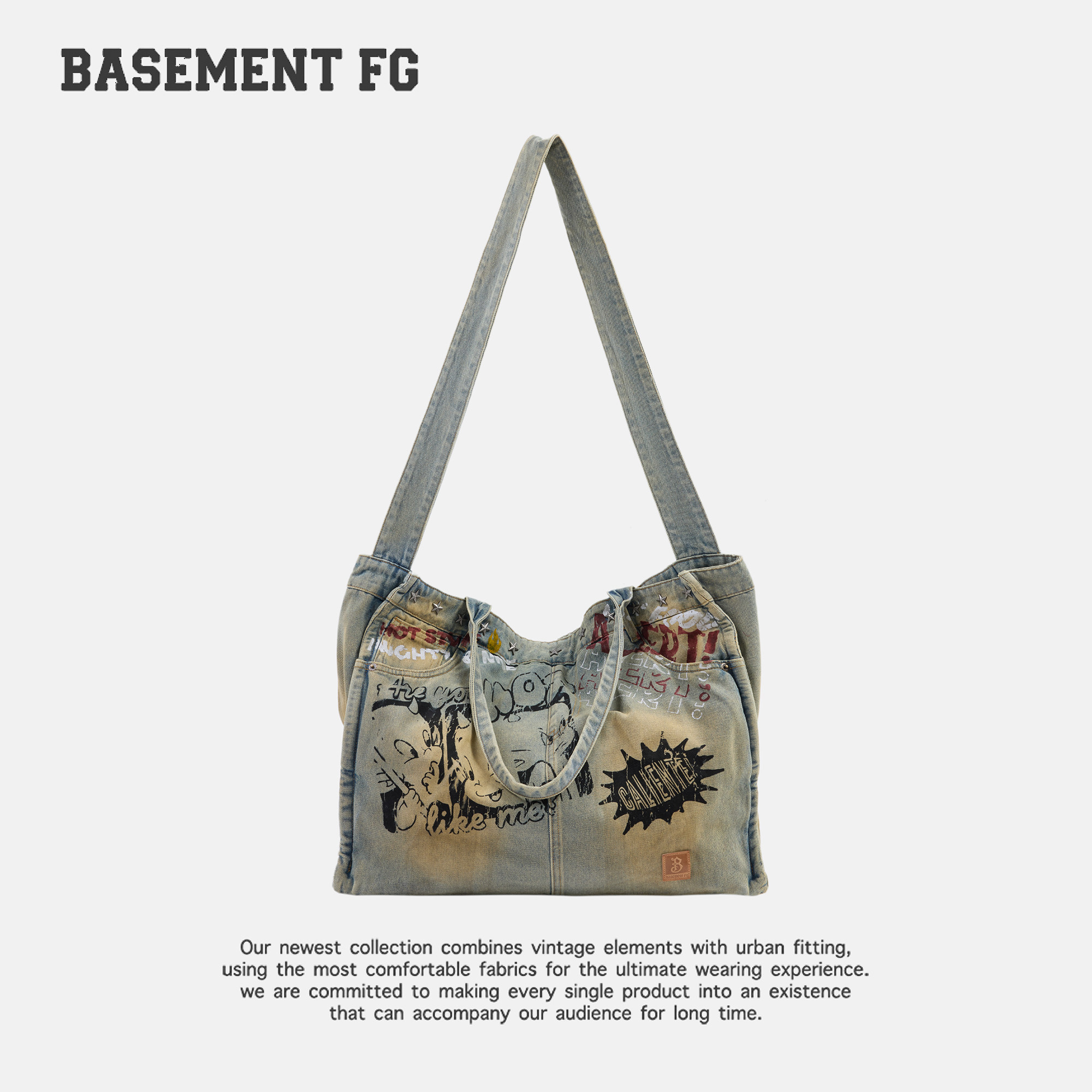 BASEMENTFG复古涂鸦牛仔托特包女单肩斜挎包254020048030