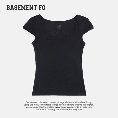 BASEMENTFG美式复古V领短袖T恤黑色修身百搭简约上衣261020200001