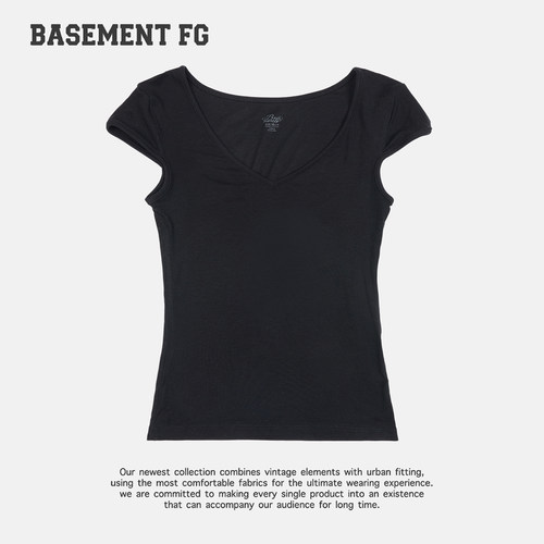 BASEMENTFG美式复古V领短袖T恤黑色修身百搭简约上衣261020200001